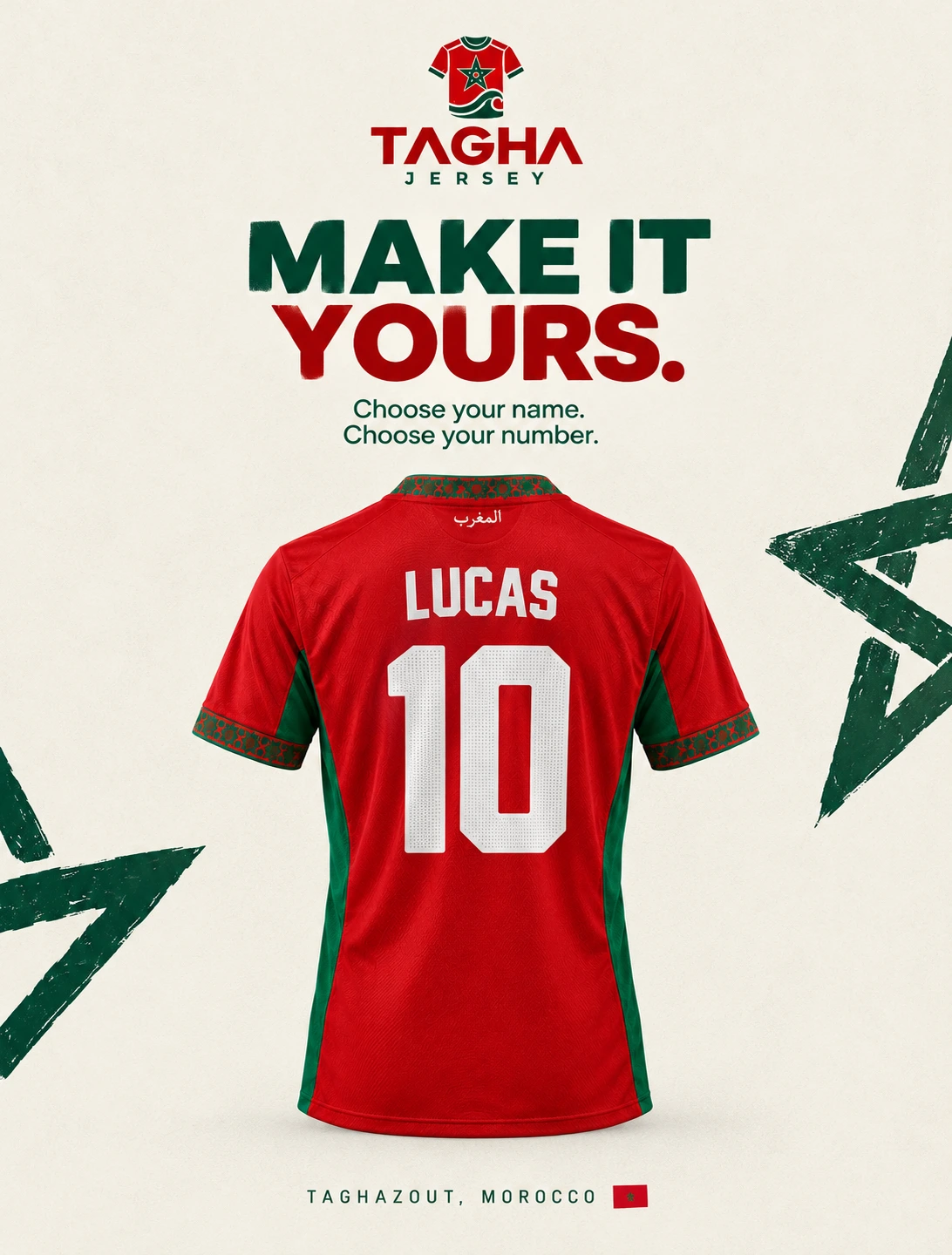 TAGHA JERSEY — Make it yours. Choose your name and number. LUCAS 10 jersey mockup, Taghazout, Morocco.